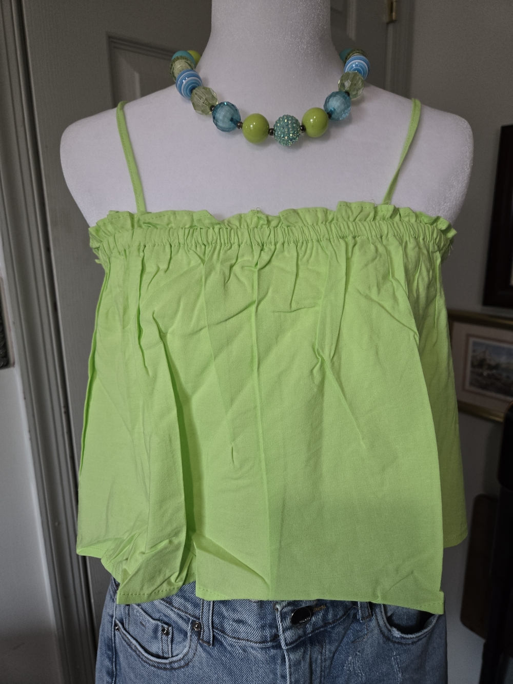 Lime Green and Aqua Beaded Statement Necklace 16" Necklace - Picture 3 of 3
